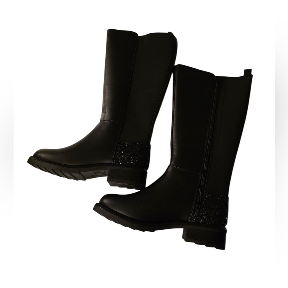 Girls SM New York Black Knee-High Boots with Glitter Heel Accent